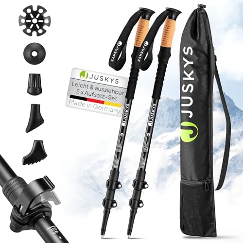 Juskys Nordic Walking Stöcke - 2 Alu Teleskop Wanderstöcke, leicht & ausziehbar, Damen & Herren, mit Gummipuffer & Tasche, Kork Griff - Schwarz