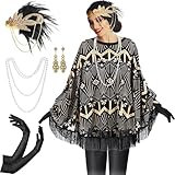 Floraltop 6 Pcs 1920s Flapper Costume Accessories Set for Women Fringed Poncho Flapper Shawl Outfits(Black,Classic)