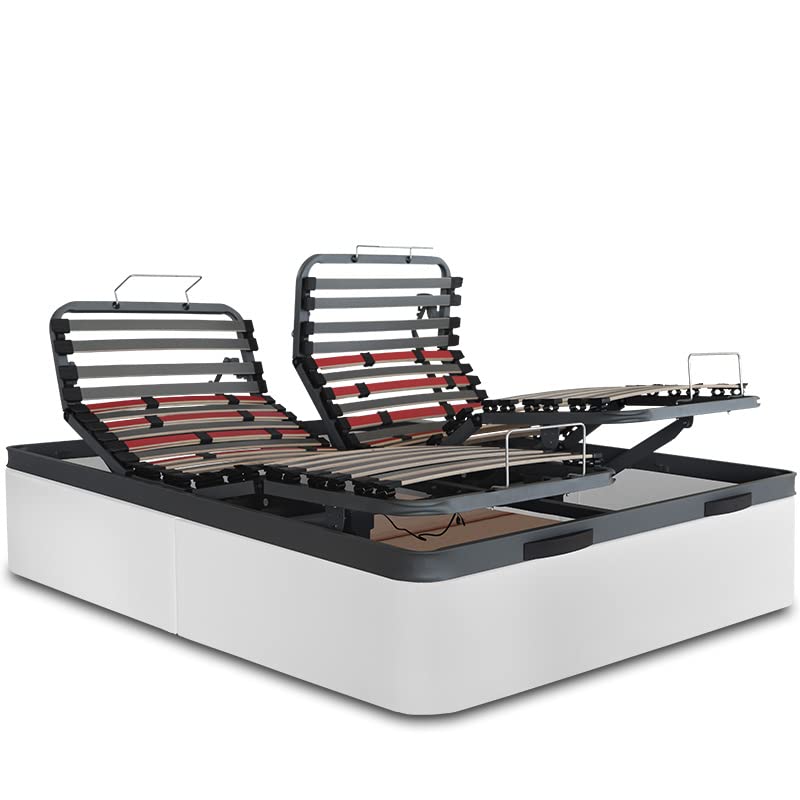 VentadeColchones - Canapé Articulado Abatible de Gran Capacidad con Mando Inalámbrico + App Móvil, Polipiel Blanco, Medida 150 x 190 cm (1 canapé, 2 Camas)