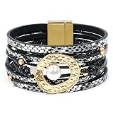 LUNINGLA Leather Wrap Bracelet for Women, Boho Multi-Layer Leather Bracelet with Strong Clasp, Stackable Pearl Bracelets for Women Gift(Black) (Black)