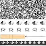 Jollidecor 1250 PCS Metal Studs for Clothing, 10mm Square Pyramid Studs and Round Dome Studs for Craft, Leather Rivet Kit with Awl Silver Spikes for Clothes, Jacket, Belt, Dog Collar