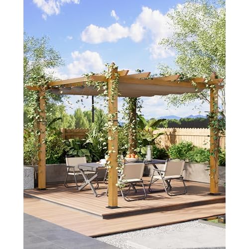 Garvee 10x10 ft Outdoor Pergola with Retractable Canopy – Upgraded Aluminum Faux Wood Grain Metal Patio Pergola for Modern Backyard Deck, Porch, Gra