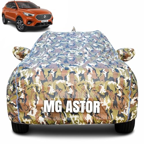 Image of 100% Waterproof Car Body Cover for MG Astor Year - (2025) with Mirror Pocket (Heat & UV Resistant, Triple Stitched, Soft Lining, Bottom Elastic & Piping) Camouflage, Military Print