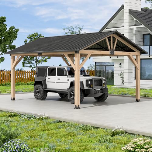LVUYOYO 13' x 15' Wood Gazebo, Outdoor Hardtop Gazebo, Galvanized Steel Gable Roof Pergola, Outdoor Pavilion for Patio, Backyard, Garden, Deck