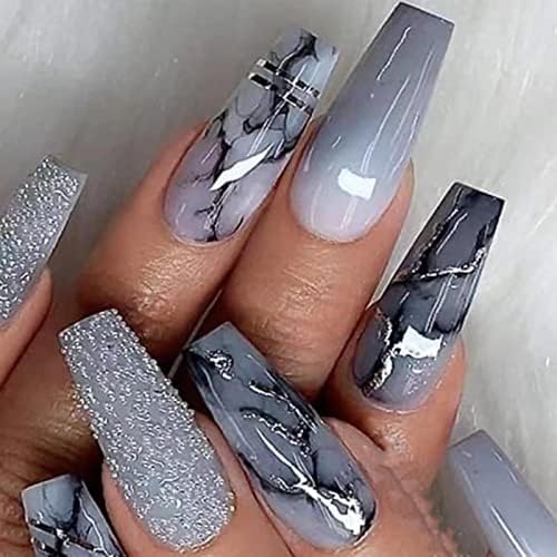 YoYoee Long Coffin False Nails Gradient Press on Nails Silver Grey Fake Nails Marble Nails Tips Full Cover Stick on Nails for Women and Girls 24Pcs
