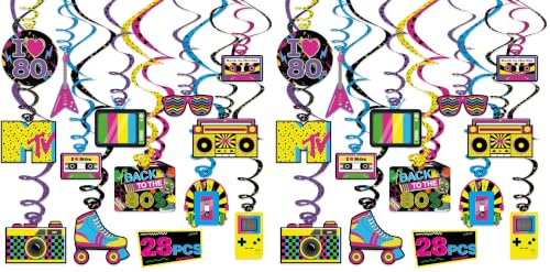 Image of Bessmoso 28PCS 80s Party Decorations - Retro Hanging Swirls & Ceiling Streamers for 1980s Throwback Birthday, Neon Back to The 80's Party Supplies (Pack of 2)
