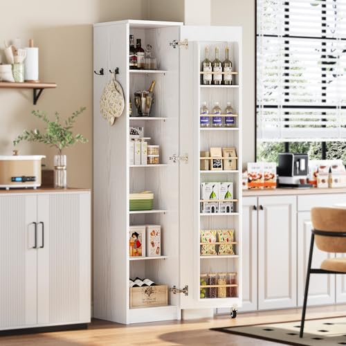 IRONCK Narrow Kitchen Pantry Storage Cabinet 72 Slim Single Door with 6 Adjustable Shelves Door Rack and Wheels Space Saving Freestanding Storage Floor Cabinet for Small Place White