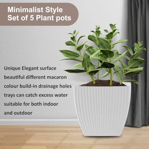 Image of HOMIFLY 5 Pack Plastic Square Flower Pots with Drainage & Bottom Tray /Lightweight, UV & Weather Resistant /6.5 Inch Planters for Indoor /Outdoor /Home /Balcony /Terrace /Garden Plant Pots (White)
