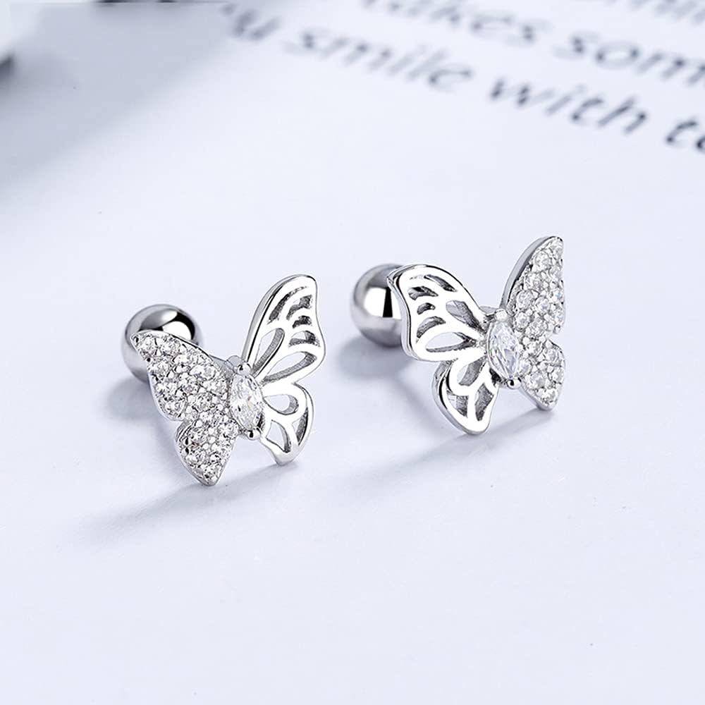 18G Cute Butterfly Stud Earrings Sterling Silver 925 Dainty Cubic Zriconia Crystal Cartilage Tragus Helix Earring Studs Barbell Bar with Screw Back Hypoallergenic Ear Piercing Jewelry Gifts for Women - Image 5