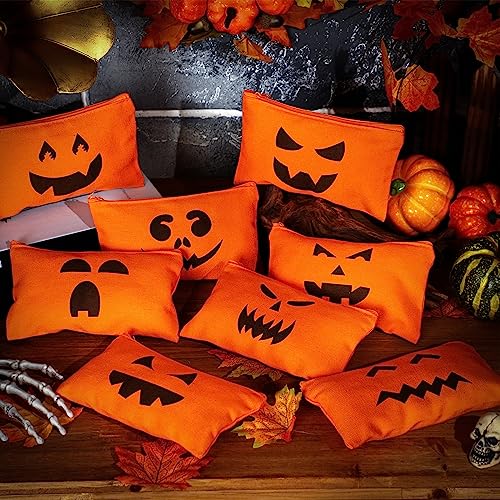 Sweetude 30 Pcs Halloween Makeup Bags Bulk Orange Halloween Cosmetic Bags Pumpkin Gift Bag Pouch Travel Purse Toiletry Organizer with Zipper for Women Team Party Favors (15 Styles)3