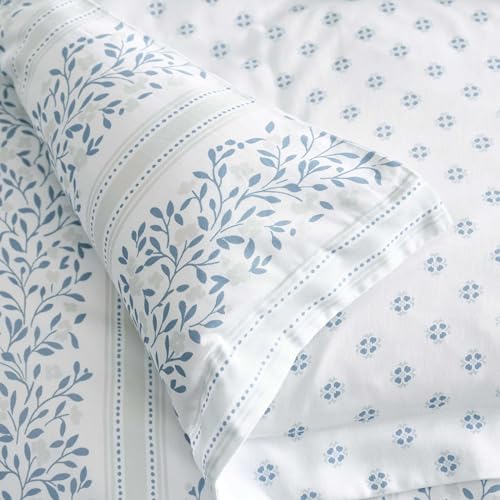 Image of Martha Stewart - Queen Comforter Set, 100% Silky Smooth Cotton Sateen Striped Bedding for Year Round Comfort, 3 Piece Bed Set with Matching Pillowcases (Verbena Stripe Blue)