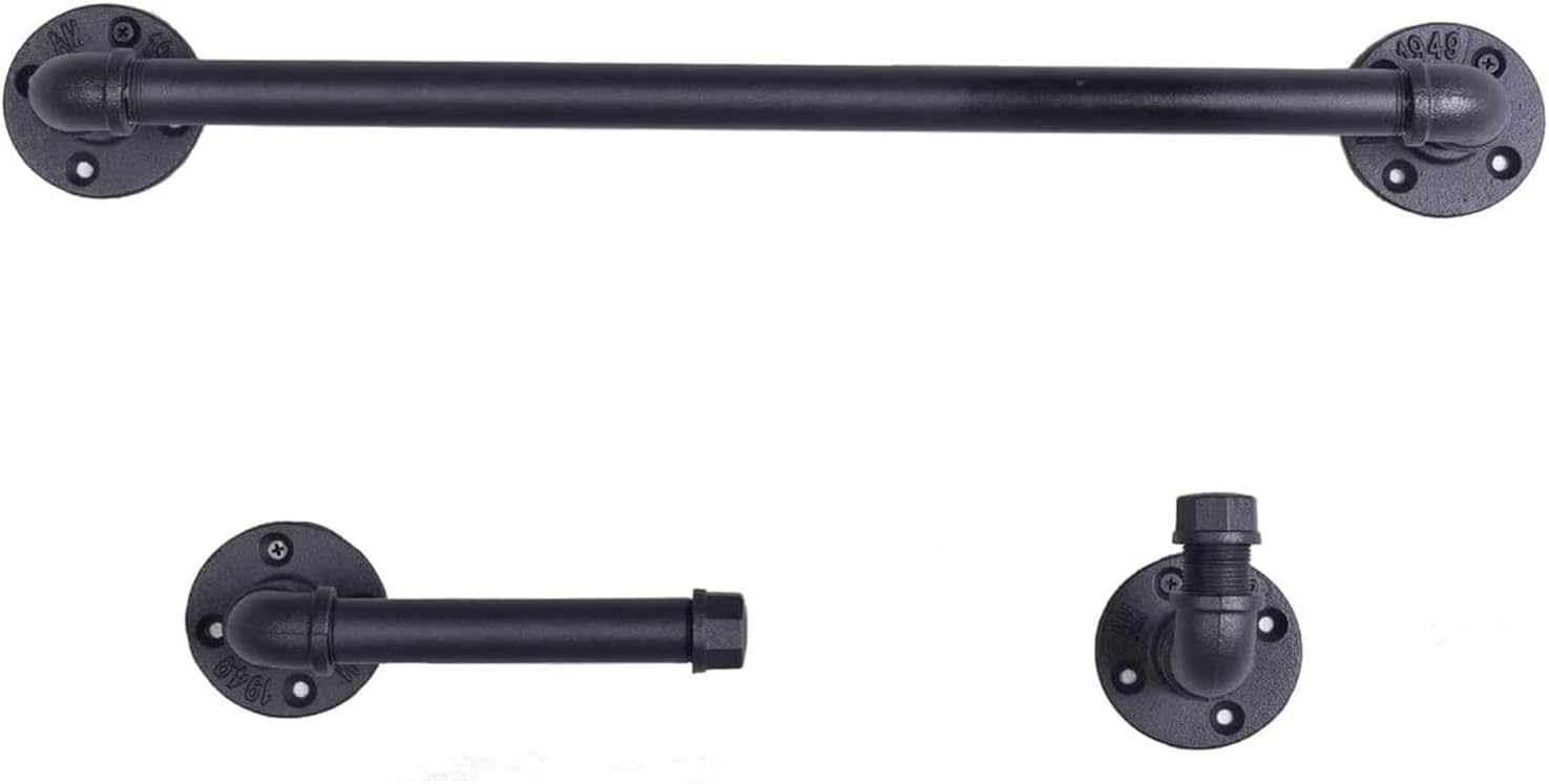 3 Pieces Pipe Kit, Includes 18" Towel Rack Robe Hook and Toilet Paper Holder, Rustic Bathroom Hardware Set, Industrial Farmhouse Wall Mounted Towel Bar Accessories for Bathroom