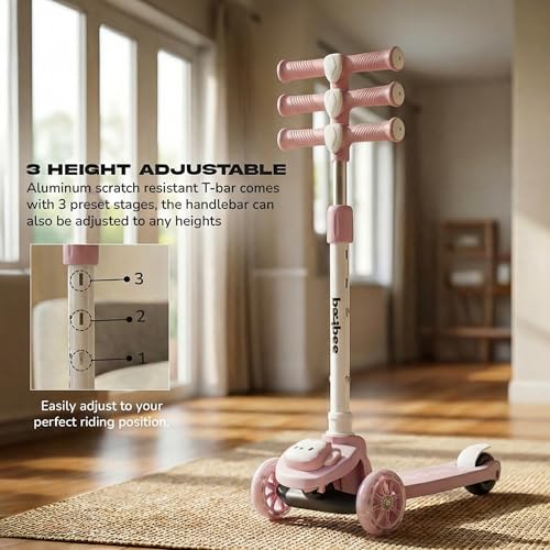 Image of Baybee Rovix Kick Scooter for Kids | Foldable Skate Scooter with 3 Height Adjustment Handle & LED Light Wheels | 3 Wheel Baby Scooter with Rear Brake | Kids Scooter for 2 to 10 Years Boy Girl (Pink)