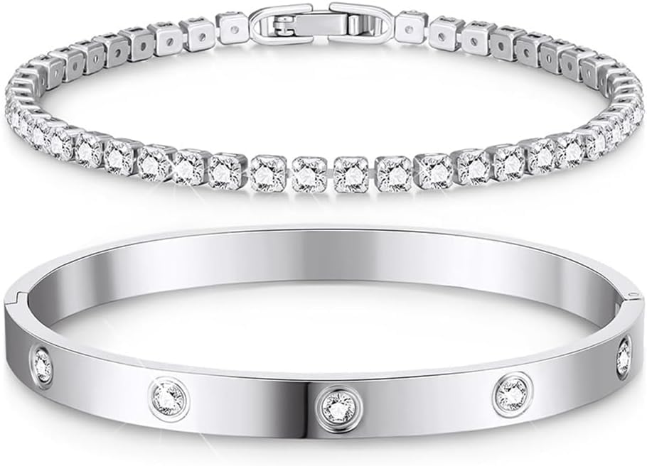 TOFBS Pulsera Tenis Cristal Circonita Brillante Brazalete Elegante Ajustable Joya Femenina Lujo Acero Inoxidable