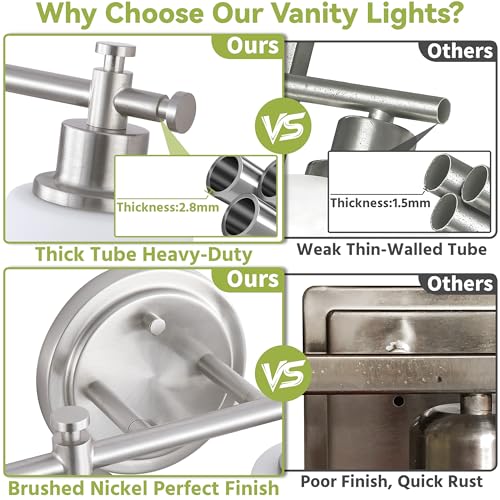 Image of 3-Light Bathroom Vanity Light Fixtures, Brushed Nickel Bathroom Wall Sconce, Modern Vanity Light with Milky White Glass Shade Over Mirror, Bathroom, Bedroom, E26 Base, 17 Inch