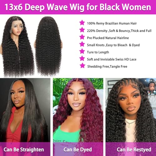 Image of LAINSS 28Inch Deep Wave Lace Front Wigs Human Hair 13x6 Deep Curly Lace Front Wigs Glueless Lace Frontal Wig Brazilian Virgin Human Hair Pre Plucked with Natural Hairline 210% Density