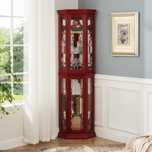 AKHLSASK Corner Curio Cabinet with Glass Doors and LED Light, Cherry