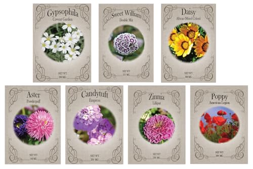 Set of 7 Classic Cottage Garden Seed Collection – Grow Timeless Heirloom Flowers for a Charming, Vintage Garden – Non-GMO, High Germination – Aster, Poppy, Zinnia, Sweet William & More