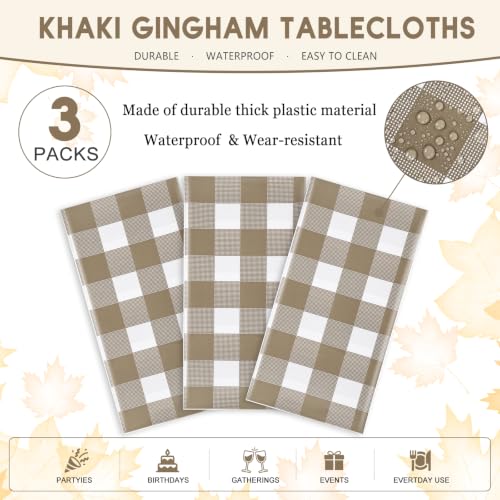 Image of Kesfey Khaki Gingham Tablecloth Fall Brown Checkered Table Cover 3 Packs | 54 x 108 Inches,Khaki Plastic Plaid Tablecloth,Waterproof Rectangle, Disposable Khaki and White Picnic Birthday Table Covers