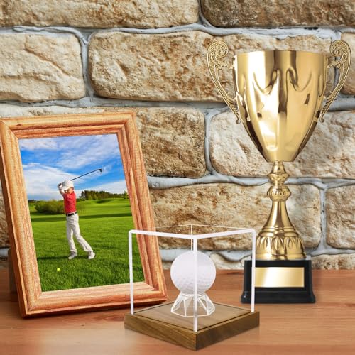 Image of Clear Acrylic Golf Ball Display Case with Wood Base & Acrylic Holder, Memorabilia Stand Cube Holder, Dust Protection Transparent Storage Box for Single Ball Souvenir Golfball Collections
