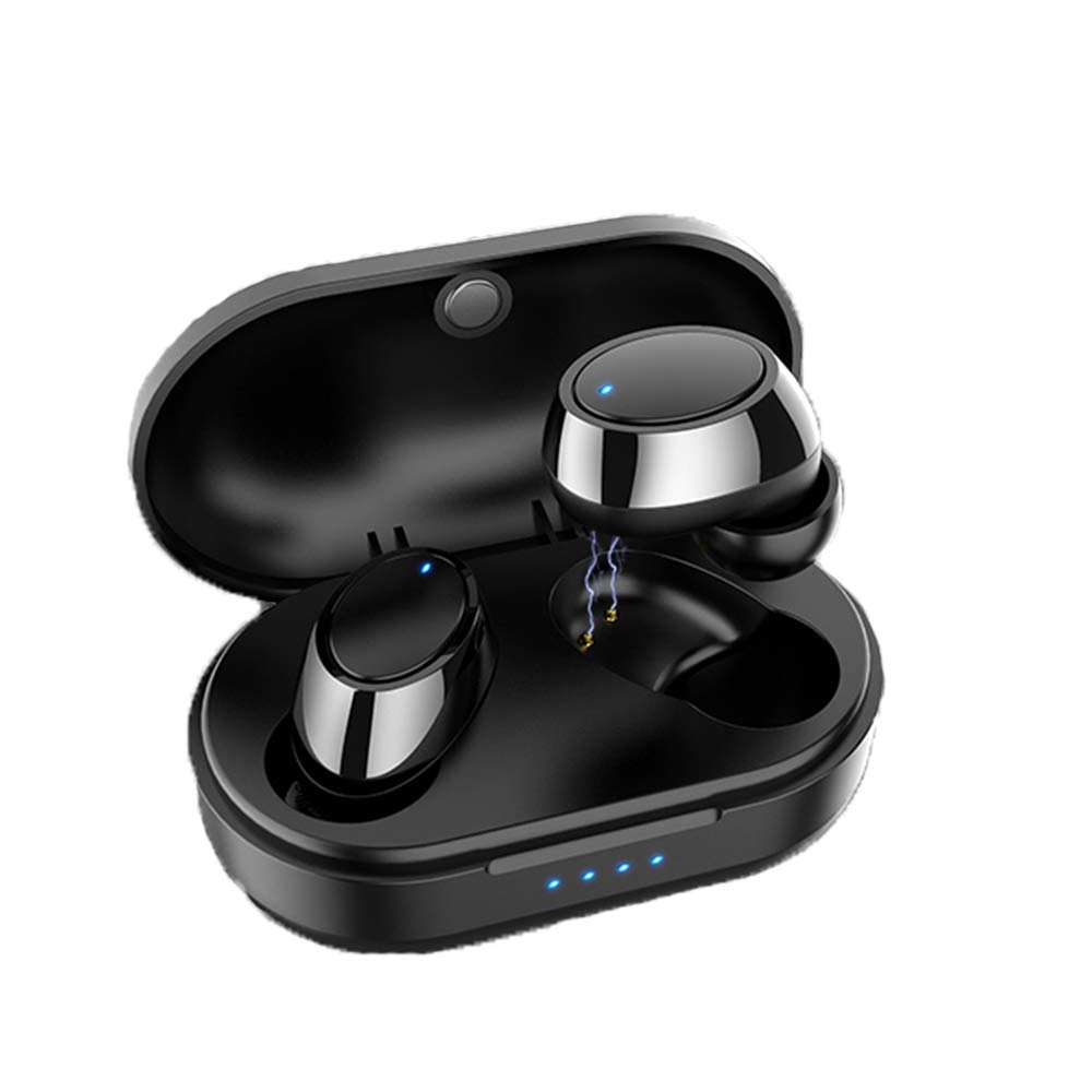 Bezprzewodowe słuchawki Bluetooth 5.0, niewidoczne słuchawki, sportowe, odporne na pot, z przenośnym etui ładującym, wbudowany dźwięk mikrofonu i ciężki bas, czarne