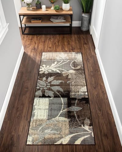 SUPERIOR Indoor Runner Rug, Plush Carpet Cover, for Hallway, Entryway, Dining, Office, Kitchen, Modern Floral Patchwork Decor, Pastiche Collection, 2' 7" x 10', Beige