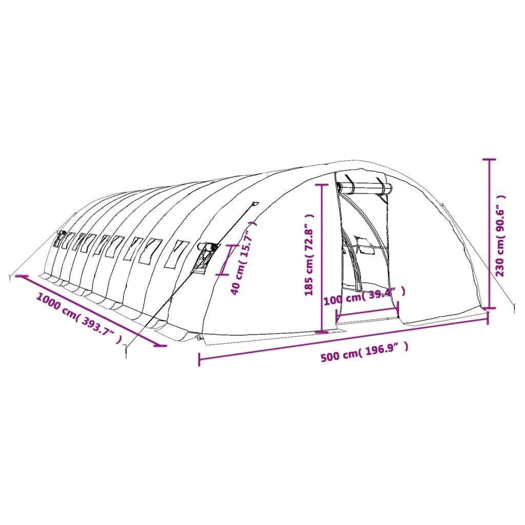 vidaXL Invernadero con Estructura de Acero, Invernáculo con Ventanas Puerta, Túnel de Cultivo, Vivero para Plantas, Blanco 50 m² 10x5x2,3 m