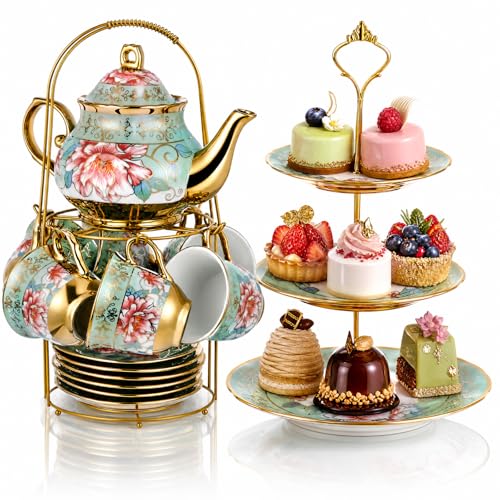 Maxcheck 21 Pcs Porcelain Tea Set for Women Tea Party with Metal Holder and 3 Tier Cake Stand Ceramic European Floral Teapot Set for Adults Mother's Day Christmas Thoughtful Gift(Fresh Style)