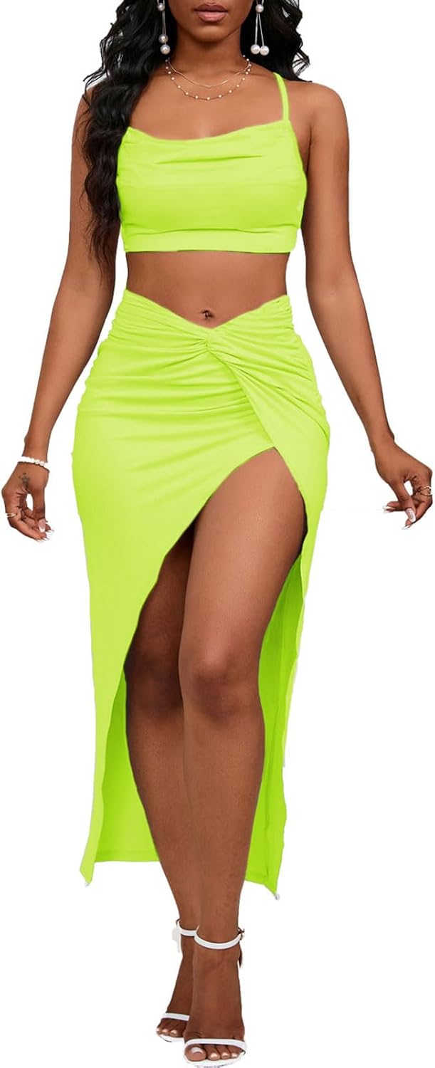 Women's Sexy 2 Piece Skirt Sets Spaghetti Strap Top Ruched Slit Skirt Bodycon Long Dress