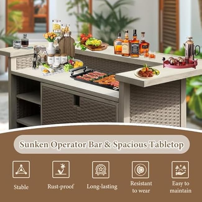 Outdoor Bar Cart with Storage Cabinet, Patio Bar Table, All-Weather for Patio, Kitchen, or Outdoor Entertainment, Wood Grain Finish-ahVxSg4Y