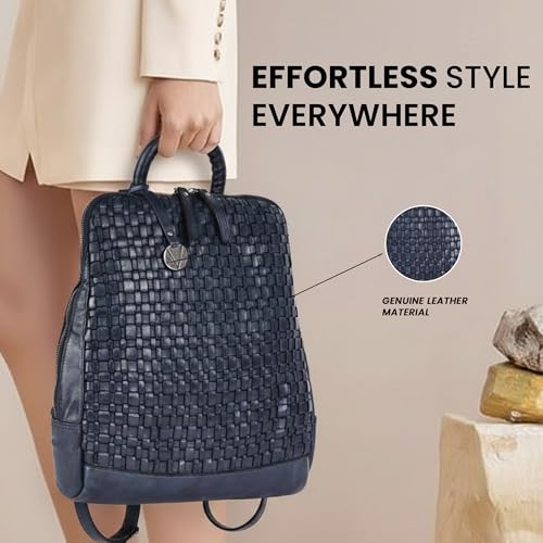 Image of 12.5 Inch Genuine Leather Backpack for Women and Men, Navy Leather Backpack with Adjustable Shoulder Strap