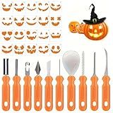 ANBOO 10 Stück Halloween Kürbis Schnitzset mit 20 Stück Kürbis Ausdruck Gesicht malen Skelett Vorlage, Edelstahl Kürbisschnitzset mit Tasche für DIY, Kinder Erwachsene und Familie