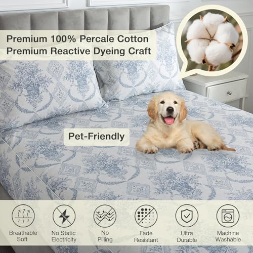 Image of Blue-Grey Floral Boho Sheets, Queen 100% Cotton Percale Cream White Vintage Sheet Set, Shabby Flower Chic Deep Pocket Cozy House Bed Sheets, Soft Crisp Designer Luxury Toile Bedding, 4Pcs