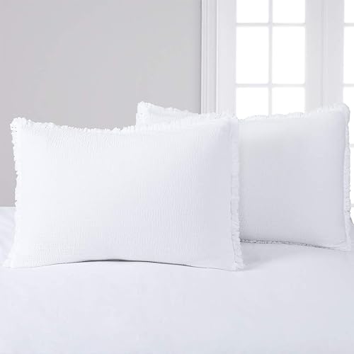 Miniatura 3 de YINFUNG Juego de 2 fundas de almohada con flecos, color blanco, tamaño Queen, estilo bohemio, acolchado, con textura, hilo de algodón teñido,