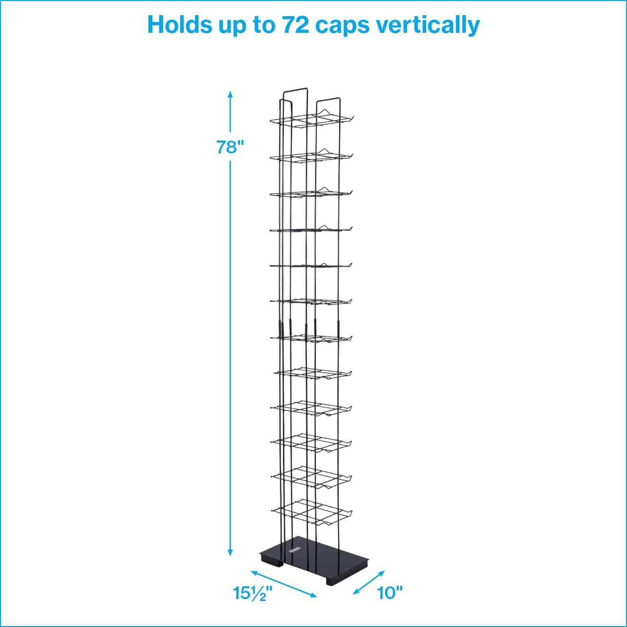 SSWBasics Black Floor Standing Ball Cap Rack and Hat Display Rack - Retail Hat Organizer Stand - 78" H x 10" W x 15½”D - Holds Up to 72 Caps Vertically