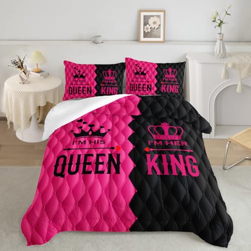 Image of AILONEN King and Queen Print Comforter Set Queen Size,3-Piece Romantic His Hers Bedding Set for Lovers Couple,Crown Mr Mrs Theme Men Women Pink and Black Comforter with 2 Pillowcases
