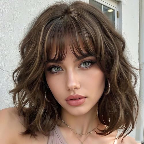 Image of AISI HAIR Bob Curly Wig with Bangs Short Wavy Wigs for Women