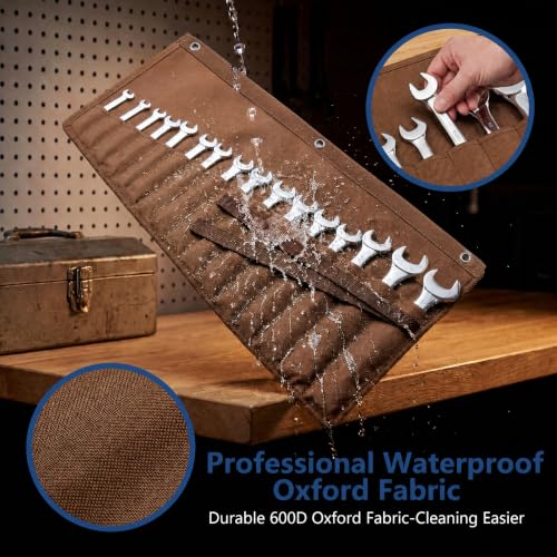 Image of Wrench Roll Up Pouch,16-Pocket Heavy Duty Roll Up Tool Bag,Sturdy Waterproof Oxford Fabric with 3 Rings for Wrenches,Screwdrivers,Hand Tools Storage,Portable Wrench Organizer for Mechanics(Brown)