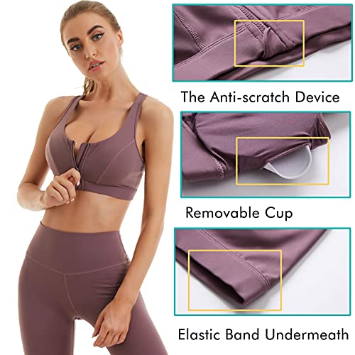Angabriel Women's Zip Front Sports Bra,High Impact Workout Yoga Bra Racerback Bra With Removable Pads (Purple, M) #TOP6