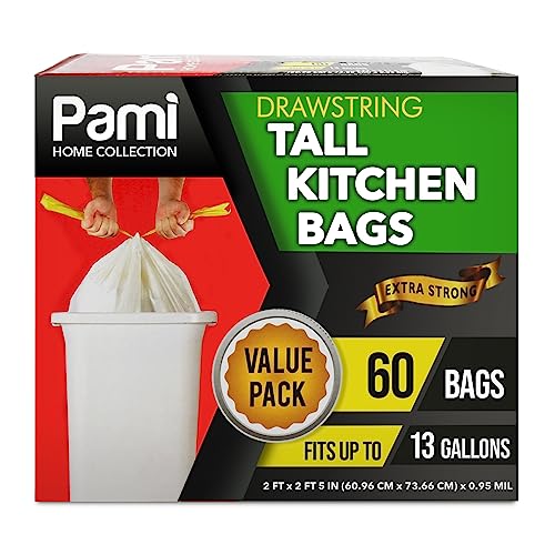 PAMI Tall 13-Gallon Kitchen Drawstring Trash Bags [60 Pack - White]- Extra-Strong Plastic Garbage Bags- Thick Trash Can Liners For Kitchen, Bathroom & Outdoor Bins- 2ft x2ft Unscented Trash Bags