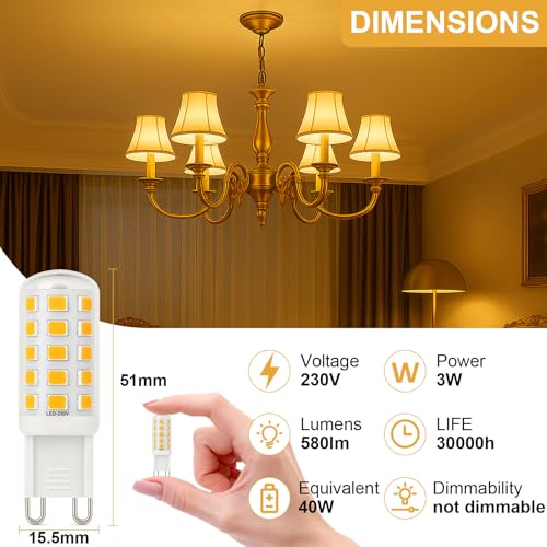 Ugvmn 3W G9 LED Bulbs Warm White 580LM, 2700K Energy Saving Light Bulbs Equivalent to 40W Halogen, No Flicker Capsule GU9 LED Bulb for Home Lighting Decor, Chandelier, Not Dimmable, 220-240V,4 Pack - Image 6
