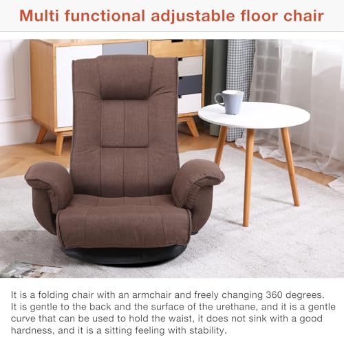 Image of Ergonomic Swivel Floor Gaming Chair with Armrests & Side Pockets, 6-Position Reclining Sofa Bed, Foldable Padded Lounger with Thick Cushion & Lumbar Support for Esports, Reading, TV Watching (Brown)