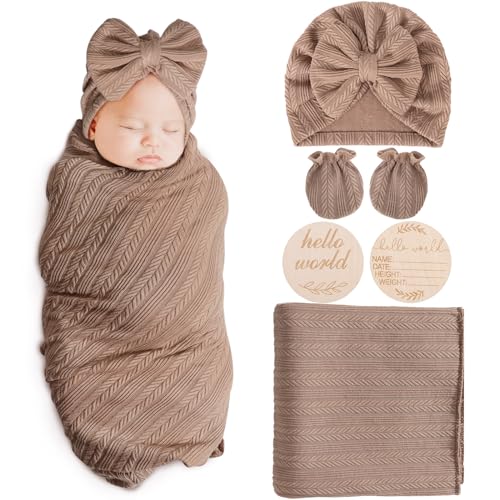 Image of AQOKKA Swaddle for Newborn Baby Receiving Blankets Girl with Bow Hat Mittens Card Set Wheat-Pattern Baby Swaddles for Toddler