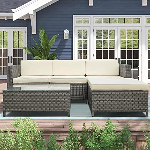 SUNVIVI OUTDOOR 5 Pieces Patio Furniture Sets All Weather Outdoor Sectional Sofa Manual Weaving Wicker Rattan Outdoor Conversation Set with with Cushion and Glass Table, Cream Cover