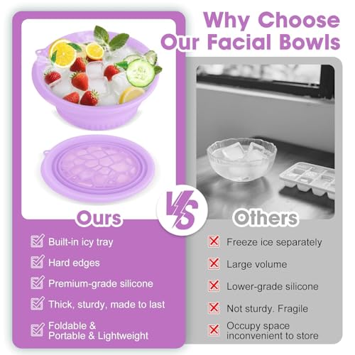Image of (1 pic Hook) with Silicone Face Bowl for Ice with Built-in Icetray, Collapsible Face Tub for Ice Bath, Facial Ice Plunge Bowl, Ice Water Facials at Home (Purple)