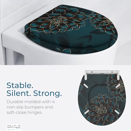 Image of Sanilo Wooden Toilet Seat with Quick Release & Soft Close [ROUND] - Decorative & Slow Close Molded Wood Seat - With One Click for Easy Installation & Cleaning - With Adjustable Fit (Dahlia)