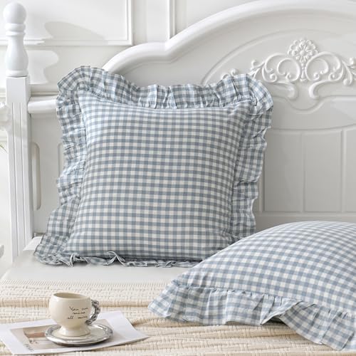 Blue White Plaid Euro Pillow Shams Ruffle Pillowcases Set of 2,Shabby Checkered Washed Cotton Pillow Covers-26 x26,Blue/White Plaid