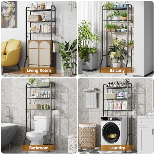 Image of Simple Trending Over The Toilet Storage Rack, Metal 3 Tier Bathroom Organizer Shelf with Paper Holder and 3 Hooks, Freestanding Shelf Space Saver Above Toilet,Black