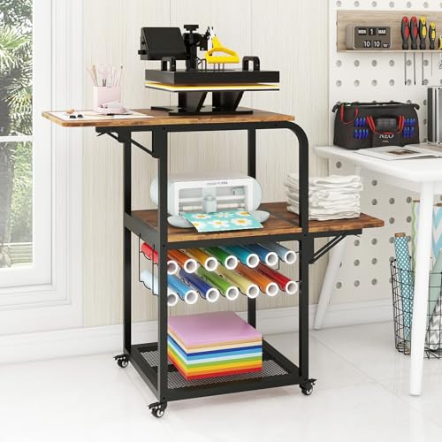 PUNCIA Mesa de prensa de calor móvil con soporte de rollo de vinilo para prensa de calor con estante plegable, máquina de sublimación de bricolaje, banco de trabajo con almacenamiento, mesa rodante