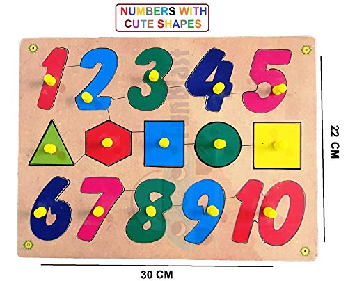 Image of FunBlast Educational Wooden Cute Shapes and Number Board for Kids Jigsaw Puzzle Board for Kids with Knobs, Wooden Board Tray Educational Learning Toy for Kids|Girls|Boys Size- 30 X 22 cm
